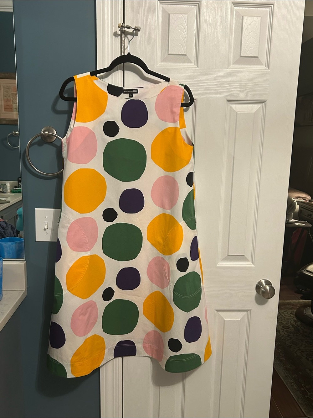 Marimekko Polka Dot A-Line Dress in White with Yellow, Green & Pink Dots
